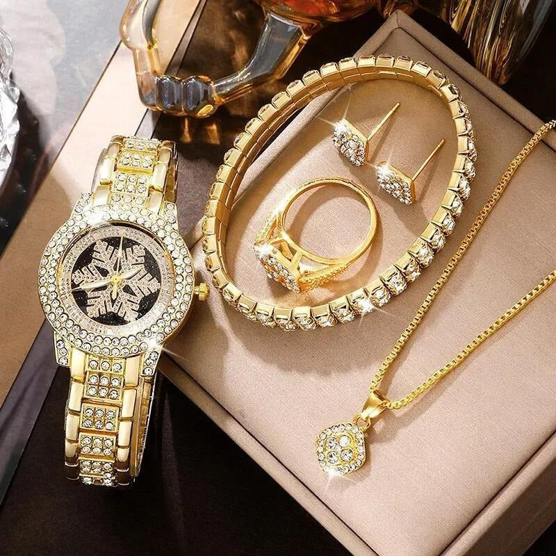 βπ Snowflake Luxury Rhinestone Watch β¨ 5-Piece Elegant Jewelry Set πβ