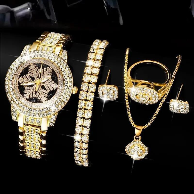 βπ Snowflake Luxury Rhinestone Watch β¨ 5-Piece Elegant Jewelry Set πβ