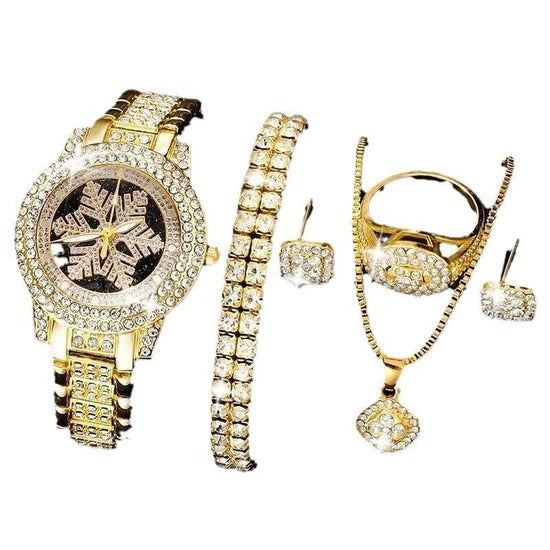 βπ Snowflake Luxury Rhinestone Watch β¨ 5-Piece Elegant Jewelry Set πβ